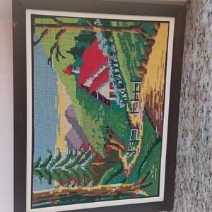 Needlework Cabin in Mountain Framed Work Vintage